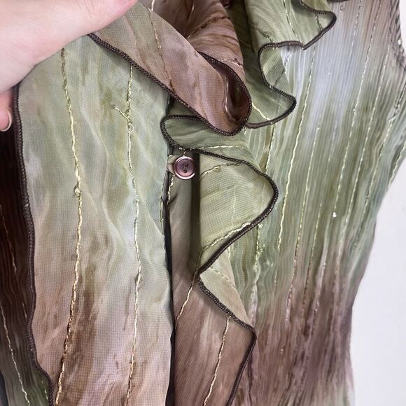 Serenade Y2k Style Green & Brown Crinkle Sheer Ruffle Blouse Top Large - Picture 6 of 11
